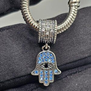 SILVER 925 BLUE CZ DANGLE HAMSA EVIL EYE CHARM
